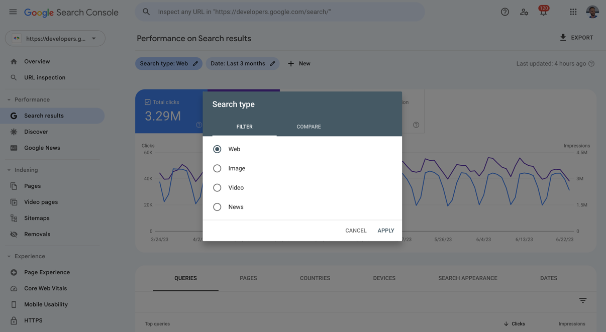 Suchtypfilter im Leistungsbericht der Search Console