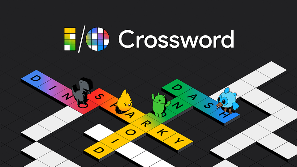 Кроссворд из слов на черном фоне с именами талисманов Google, включая Firebase Sparky, Chrome Dino, Android Robot и Flutter Dash